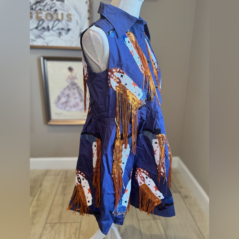 New! QUEEN OF SPARKLES Blue and Orange Boot Fringe Mini Dress - Picture 5 of 10